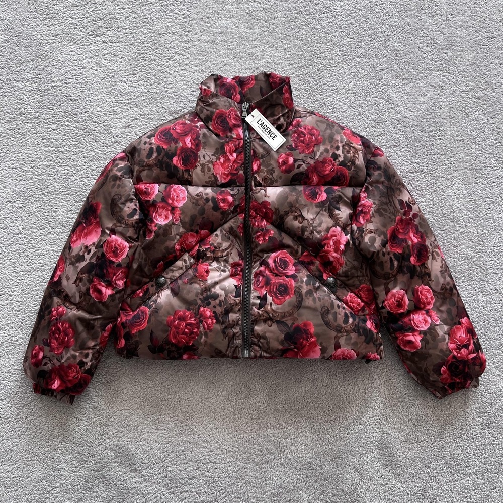 L'AGENCE Jessi Crop Puffer Jacket‎ Womens Small Multicolor Floral Cheetah Print